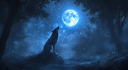 full body wolf howling at the moon in a forest with trees, night sky full of stars, cinematic