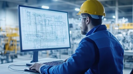 Poster - Engineering Precision: Industrial Engineer Analyzing Blueprints on a Computer in a Modern Factory