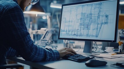 Poster - Precision Engineering in Action: An engineer meticulously reviews blueprints on his computer, illuminated by the glow of the screen in his workshop, embodying the essence of innovation and technical e