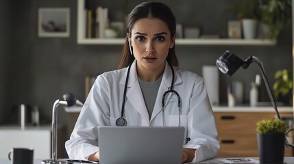 Canvas Print - A Doctor's Serious Gaze: A young female physician stares intently at her laptop, her expression reflecting the weight of responsibility and the challenges of modern medicine. 