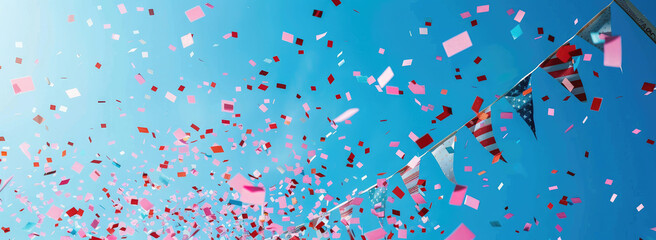 Wall Mural - A blue sky with red, white and pink confetti falling down in the background, along with an American flag banner and string of flags waving in the wind