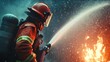 © WS Studio 1985 - Braving the Inferno: A lone firefighter battles a raging fire, water jet piercing through the smoke-filled air. A testament to courage and duty in the face of danger.