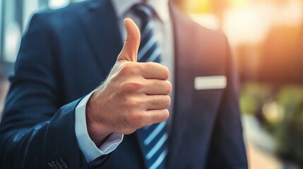 Canvas Print - Thumbs Up for Success: A businessman in a sharp suit, exudes confidence with a thumbs-up gesture. 