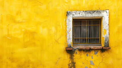 Small window in beautiful village, yellow paint on wall 