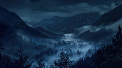 Wall Mural - A panoramic night scene of a dark mountain range, where the mist creates ghostly shapes among the trees and valleys.