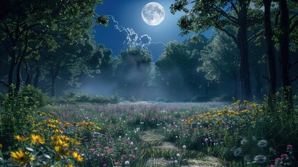 Wall Mural - a mystical forest clearing with a bright full moon overhead, casting eerie shadows and illuminating 