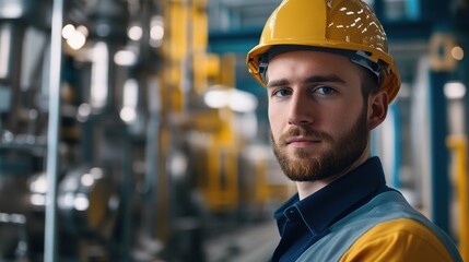 Focused Industrial Engineer: A portrait of a focused, determined engineer in a hard hat and safety vest, standing amidst the intricate machinery of a modern industrial facility. \