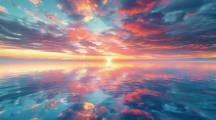 Wall Mural - A picturesque summer sunrise over a vast lake, with the sky glowing in a myriad of colors, reflecting on the smooth surface of the water.