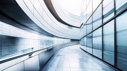 Poster - Modern Architecture: A hallway with sleek, curving lines and glass walls, bathed in natural light, creates a sense of openness and innovation.  