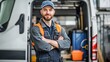 © WS Studio 1985 - The Reliable Tradesman: A confident worker in uniform smiles at the camera, his van and tools in the background, ready for a day of service.