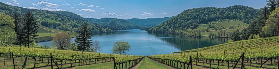 Canvas Print - Panoramic View of Serene Vineyard by Tranquil Lake Amidst Lush Green Mountain Landscape on a Clear Day with Blue Sky