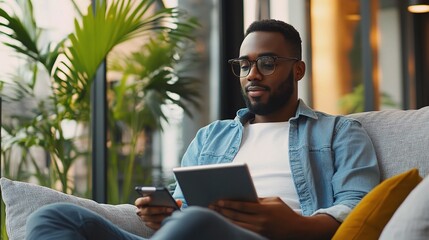 Wall Mural - Focused on the Task: A young professional in a denim shirt and glasses sits on a comfortable sofa in a modern office setting, engrossed in the digital world.  His concentration and focus are evident a