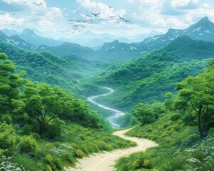 Sticker - Serene Pathway in Lush Green Valley with Meandering River and Majestic Mountain Peaks Under Clear Blue Sky Nature Landscape