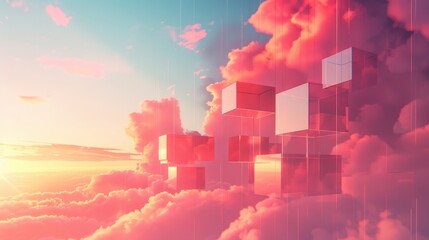 Wall Mural - Surreal digital landscape with floating cubes amid vibrant pink clouds at sunset, combining technology and imagination in an otherworldly scene.