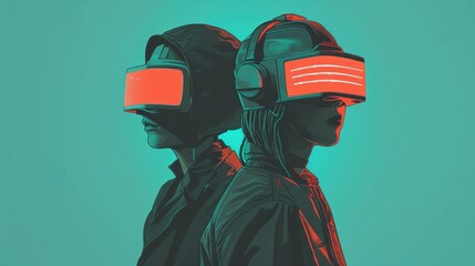 Futuristic technology concept featuring two individuals wearing VR headsets against a vibrant teal background.