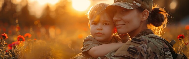 Sticker - Mother and Son: Proud American Soldier on Duty Outdoors