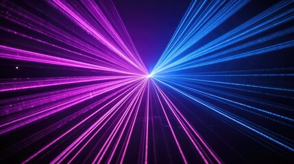 Wall Mural - Blue and violet beams of bright laser light shining on black background