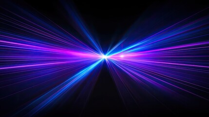 Wall Mural - Blue and violet beams of bright laser light shining on black background