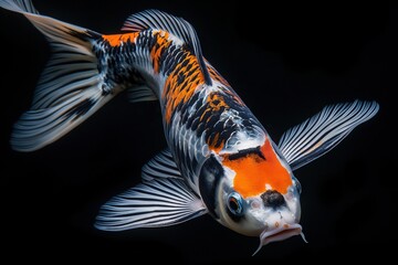 Colorful Koi fish swimming against a black background.