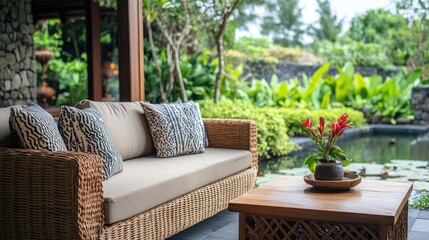 Chic rattan sofa with cushions and a small wooden table on the terrace of a resort room surrounded by gardens and a pond.