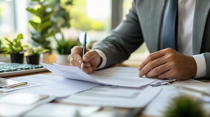 Poster - The Architect of Success: A businessman meticulously reviews contracts at his desk, his focus unwavering as he navigates the intricacies of a deal.