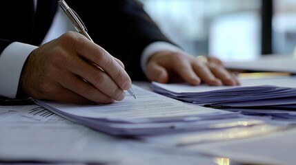 Canvas Print - The Weight of Decisions: A businessman meticulously reviews and signs important documents at his desk, the blurred background hinting at the significance of his actions. 