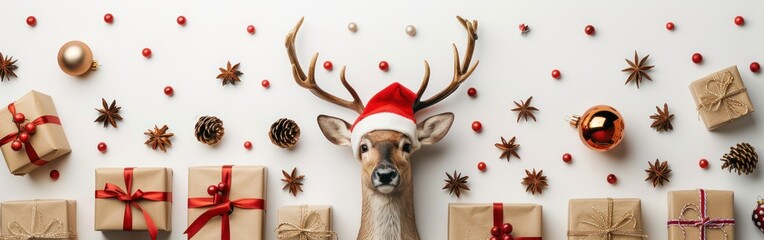 Wall Mural - Festive Winter Greeting Card with Reindeer, Santa Hat, and Gift Boxes on White Background