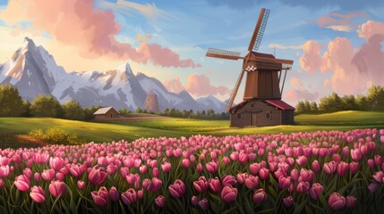 Wall Mural - Scenic Landscape with Windmill and Blooming Tulip Field Against Majestic Mountain Backdrop at Sunset