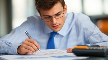 Poster - young accountant analyzing financial statements