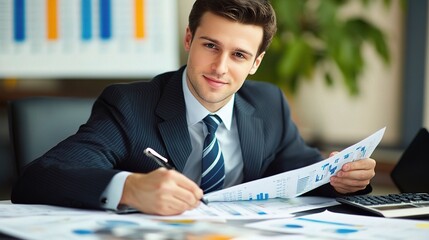 Poster - young accountant discussing a financial plan