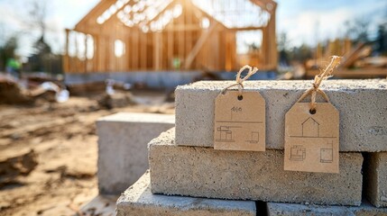 Wall Mural - stack of concrete foundation blocks with price tags attached. partially constructed foundation wall 