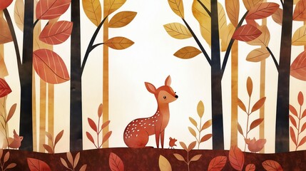 Naklejka na meble Watercolor illustration of a deer and birds in an autumn forest children's book style