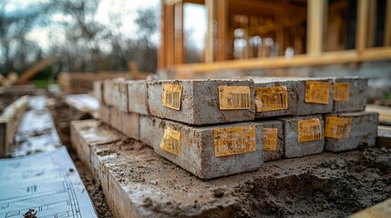 Wall Mural - stack of concrete foundation blocks with price tags attached. partially constructed foundation wall 