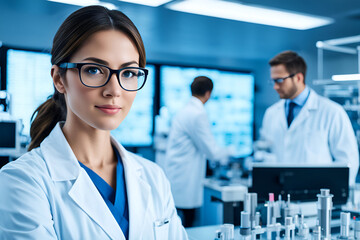 young woman scientist in white coat and glasses on medical science laboratory with many scientist