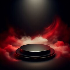 Wall Mural - 3d render of a podium with red smoke under a spotlight on black dark background