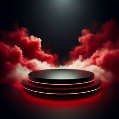 Wall Mural - 3d render of a podium with red smoke under a spotlight on black dark background