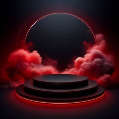 Wall Mural - 3d render of a podium with red smoke under a spotlight on black dark background
