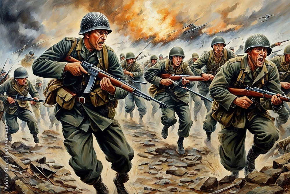 World War II Soldiers Charging into Battle, a painting of a group of ...