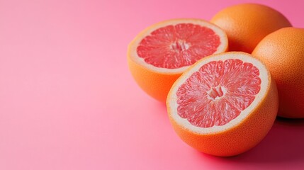 Wall Mural - A juicy grapefruit on a pink background with generous copy space.