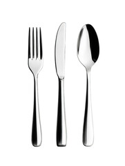 Shiny stainless steel cutlery set isolated on white background, featuring a fork, knife, and spoon. Perfect for dining and kitchen use. PNG, Transparent, No Background