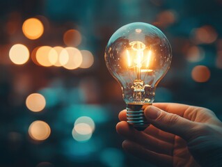 A glowing light bulb held in hand, symbolizing creativity and innovation against a blurred bokeh background.