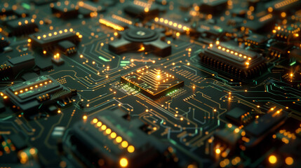 Poster - futuristic tech wallpaper featuring a detailed circuit board pattern with interconnected pathways, glowing chips, and intricate circuitry, technology background, computer motherboard 
