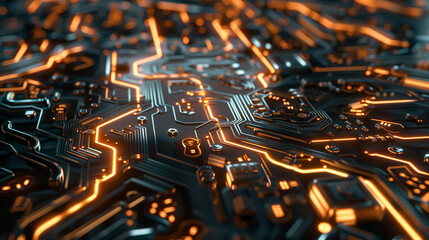 Poster - futuristic tech wallpaper featuring a detailed circuit board pattern with interconnected pathways, glowing chips, and intricate circuitry, technology background, computer motherboard 