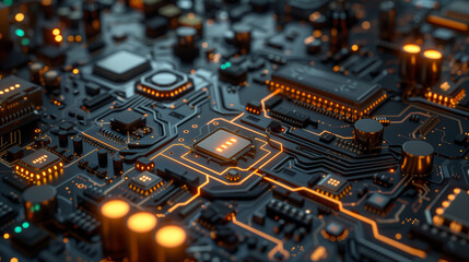 Poster - futuristic tech wallpaper featuring a detailed circuit board pattern with interconnected pathways, glowing chips, and intricate circuitry, technology background, computer motherboard 