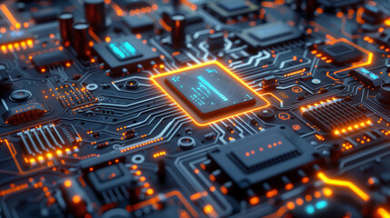 Poster - futuristic tech wallpaper featuring a detailed circuit board pattern with interconnected pathways, glowing chips, and intricate circuitry, technology background, computer motherboard 
