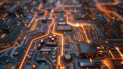 Poster - futuristic tech wallpaper featuring a detailed circuit board pattern with interconnected pathways, glowing chips, and intricate circuitry, technology background, computer motherboard 