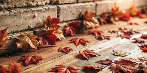 Wall Mural - Autumn leaves on a wooden deck with brick wall