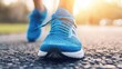 © Tex vector - Close-up of a blue running shoe on a path during sunset, capturing movement and the spirit of fitness and outdoor activity.