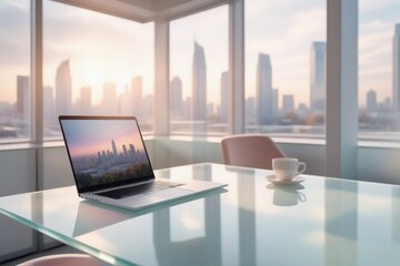 A modern office building's interior featuring a laptop on a desk