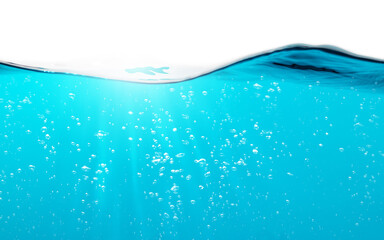 Wall Mural - Water Wave. Air Bubbles Float Up Under Water with Light Rays of Sunlight. Oxygen Relaxation. Blue Water Textured on White Background.